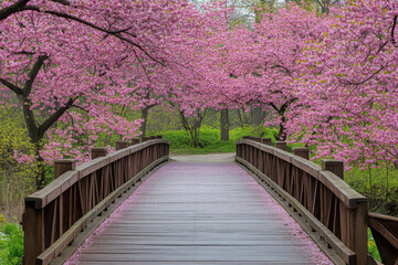Fototapeta premium Cherry blossom trees in full bloom framing a wooden bridge with petals drifting