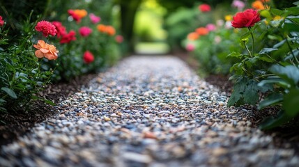 Serene Garden Path A Pebble Walkway Lined with Blossoms