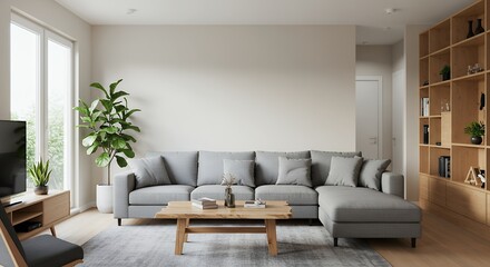 Obraz premium Cozy living room interior with gray sofa, wooden coffee table, and bookshelf