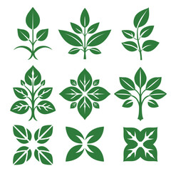 Naklejka premium A set of nine green leaf icons symbolizing growth, sustainability, and natural concepts, suitable for eco-friendly or organic-themed designs.