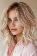Professional hairstyle showcase featuring a model with wavy blonde hair in a soft indoor setting during daylight hours
