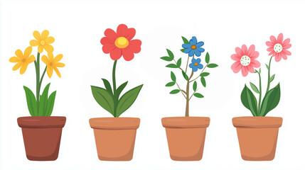 set of cartoon beautiful spring flowers in pot isolated on white background