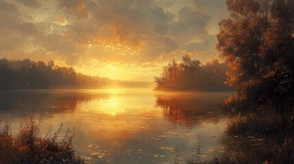 Golden Sunset Over Calm Lake Autumn Trees Peaceful Nature Scene Serene Landscape