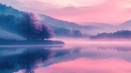 Fototapeta premium Serene Pink Sunrise over Misty Lake and Trees Tranquil Nature Scene