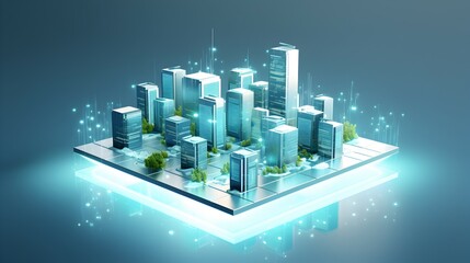 A futuristic city model gleaming on a digital platform, showcasing technological advancement and urban development with vibrant teal and blue hues.