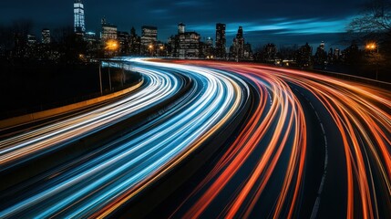 Night city highway light trails. Use Stock photo of urban movement