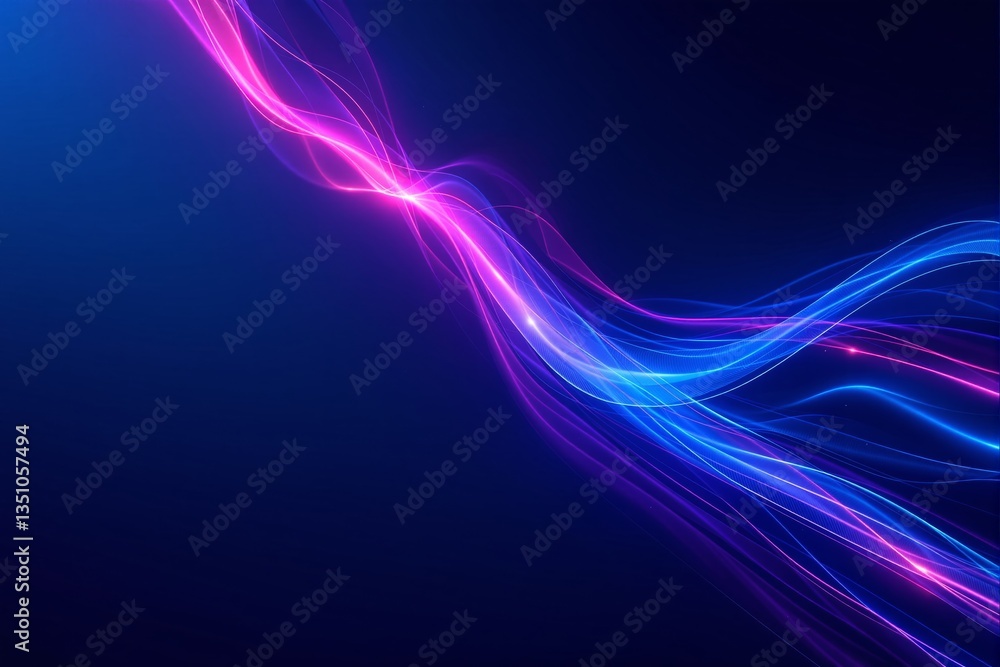 Poster glowing pink and blue light waves flow across a deep blue background, creating a bright and creative
