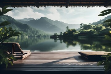 Naklejka premium Serene Lakeside Deck with Mountain View Tranquil Wooden Platform by Calm Water
