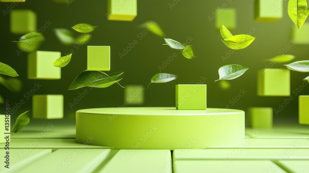 Poster abstract minimalist product display with green leaves and cubes