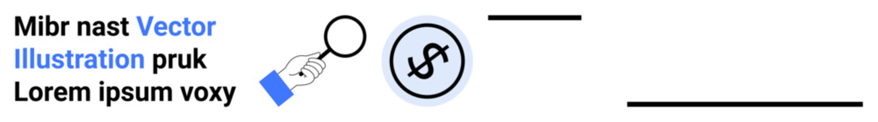 Hand with magnifying glass inspecting dollar symbol in circular frame. Ideal for finance, banking, economic growth, investment, audit, consulting, business strategy, simple landing page