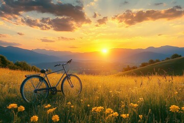 Fototapeta premium Bike sits in flower field, sunset glows on mountains, inspiring adventure. Use for travel, nature, or idyllic scene, promote freedom and exploration.