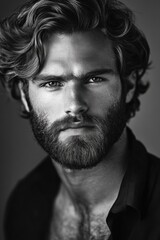 Fototapeta premium Portrait of a man with curly hair and a beard, showcasing strong features and intense expression in a close-up view