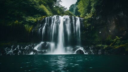 Serene Waterfall Cascading Through Lush Green Forest Landscape