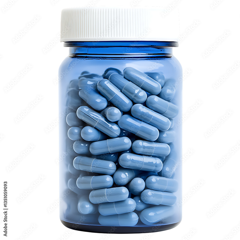 Poster blue bottle filled with capsules on trasparent background, close-up of medication container