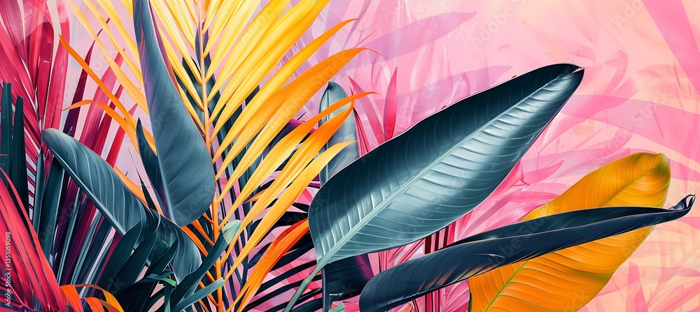 Poster backdrop with diagonal stripes fading from autumnal colours to tropical tones – empty template for w