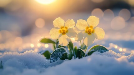 Obraz premium Spring primroses emerge from snow at sunset; nature's resilience