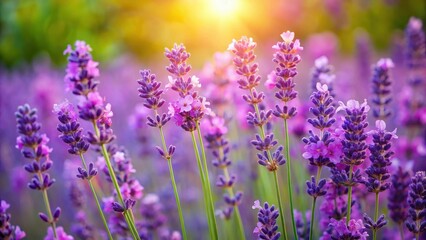 Naklejka premium Colorful lavender flowers with delicate pink edges and green leafy stems in a garden setting, botanical, blooming