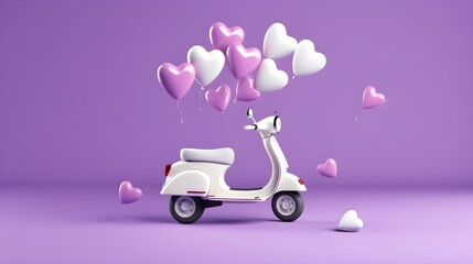 Romantic White Scooter with Pink and White Heart Balloons on Lavender Background