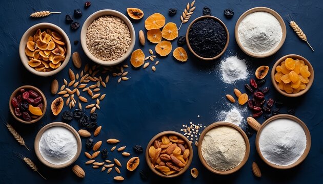 Baking Ingredients Flat Lay Flours, Nuts, Dried Fruits