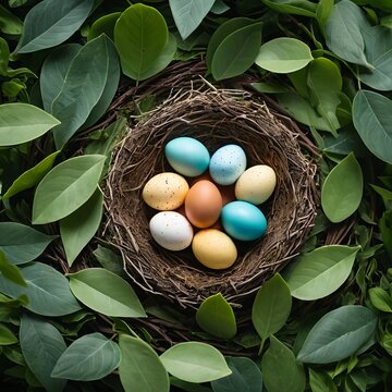 Pastel Easter Eggs in Bird Nest Surrounded by Lush Green Leaves