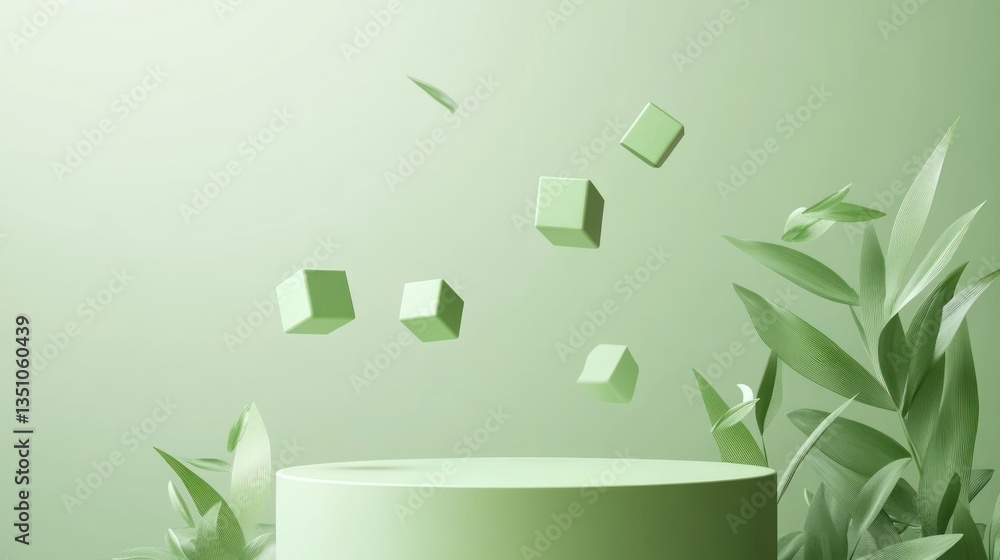 Poster minimalist green product display with floating cubes and leaves
