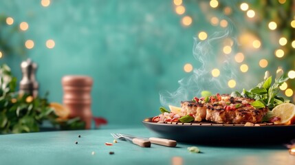 A beautifully presented dish with steaming grilled meat, garnished with herbs and lemon, set against a softly blurred backdrop of warm lights. Illustration pastel minimal mockup blank frame 