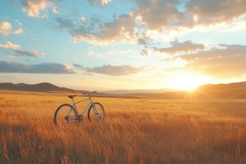 Obraz premium A bicycle is standing in a wheat field at sunset under a cloudy sky. Use for promoting outdoor activities, travel, or peaceful relaxation.
