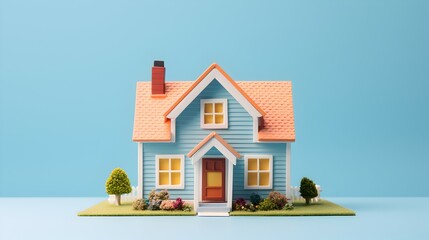 A charming little blue house with an orange roof, nestled on a tiny green lawn, dreams of homeownership against a serene pastel blue backdrop.