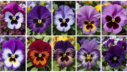 A collection of nine close-up images showcasing a diverse array of pansy blooms in various shades of purple, pink, red, and white.