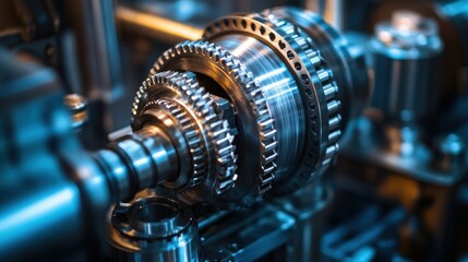 Fototapeta premium Detailed view of metal gears and bearings inside machinery, blue hue. It visualizes precision engineering and industrial power in a clean way.