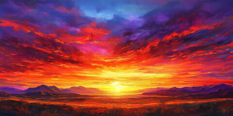 Fototapeta premium Dramatic Dusk in Desert Where Sky Ignites with Vivid Shades of Crimson Amber and Violet sunset over the mountains