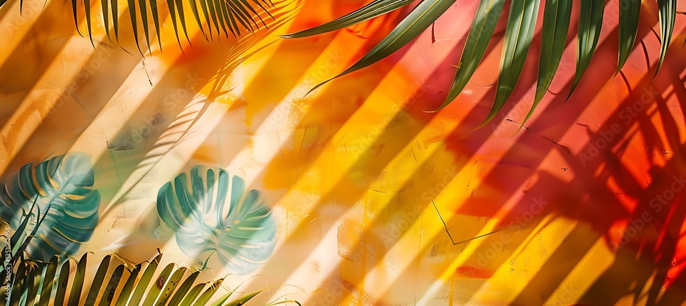 Poster background of diagonal stripes transitioning from autumnal colours to tropical tones – empty templat