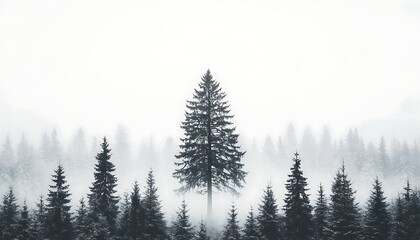 Lone Pine in Misty Forest.