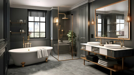 A luxurious, dark-toned bathroom featuring a freestanding tub and elegant gold fixtures, exuding sophistication and calm with a grey floor and large window.