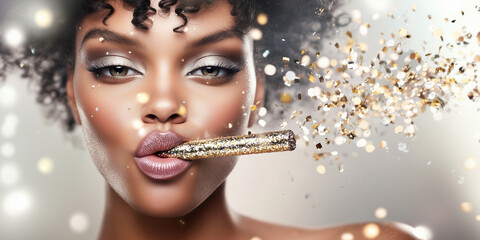 Beautiful woman blowing gold glitter confetti – festive celebration concept.