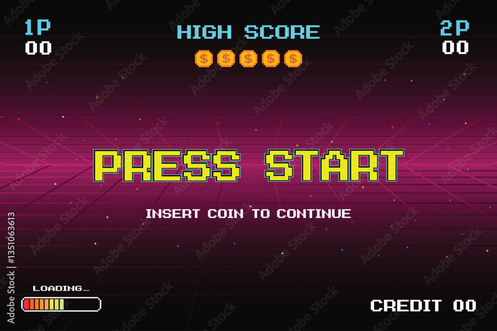 Poster press start insert a coin to continue. pixel art. 8 bit game. retro game. for game assets .retro fut