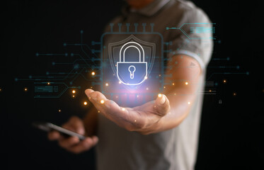 Cyber ​​security and privacy concept to protect data. Internet network security technology lock icon. Businessman protect personal data on smartphone.