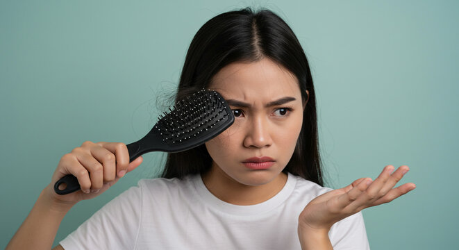 A young woman's worried expression as she discovers excessive hair loss on her brush against a serene mint backdrop.