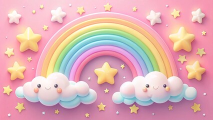 Rainbow and Stars Dreamscape: A whimsical illustration of a pastel rainbow arching over smiling clouds and a scattering of stars. Perfect for evoking feelings of joy and wonder. 