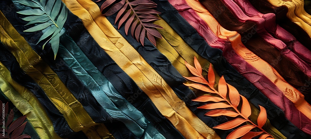 Poster background of diagonal stripes transitioning from autumnal colours to tropical tones – empty templat