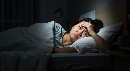 Obraz premium A young woman's troubled sleep, a silent battle fought in the darkness of night, illuminated only by a dim bedside lamp casting soft shadows.