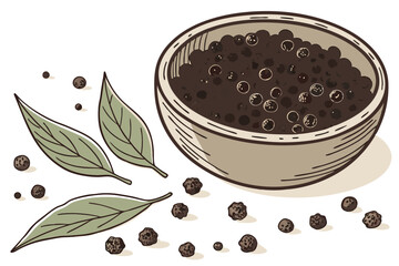 95 Wooden bowl, whole black peppercorns, close-up, high detail, green leaves, white background, culinary photography, spices, natural lighting, textured surface, aromatic, organic, gourmet ingredient,