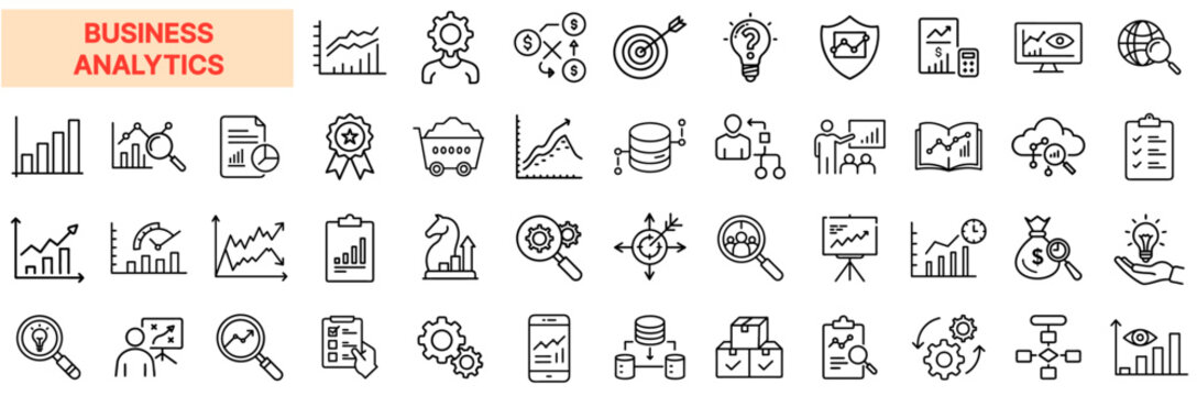 Business Analytics Icon Set &ndash; Data Visualization, KPI Monitoring, Forecasting, Insights, Strategy, Financial Analysis