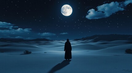 Silhouette of Figure in Desert Under Full Moon