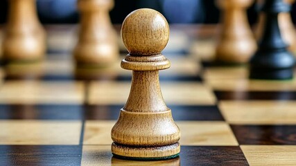 Close-up of a wooden pawn on a chessboard, highlighting the intricate design and game strategy
