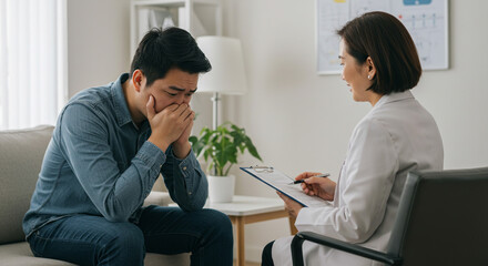 Obraz premium A young man confides in his therapist, sharing his worries and seeking solace during a sensitive counseling session in a calm, softly lit office.