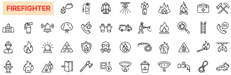 Firefighter Icon Set – Fire Safety, Emergency Equipment, Rescue Tools, Hazard Signs, Fire Response Symbols