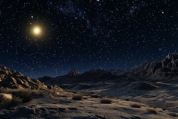 Fototapeta premium Starry night over a rocky desert landscape.