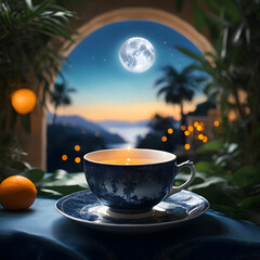 Cinematic teacup with a summer landscape inside, featuring a cozy patio among glowing palm trees