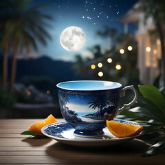 Cinematic teacup with a summer landscape inside, featuring a cozy patio among glowing palm trees